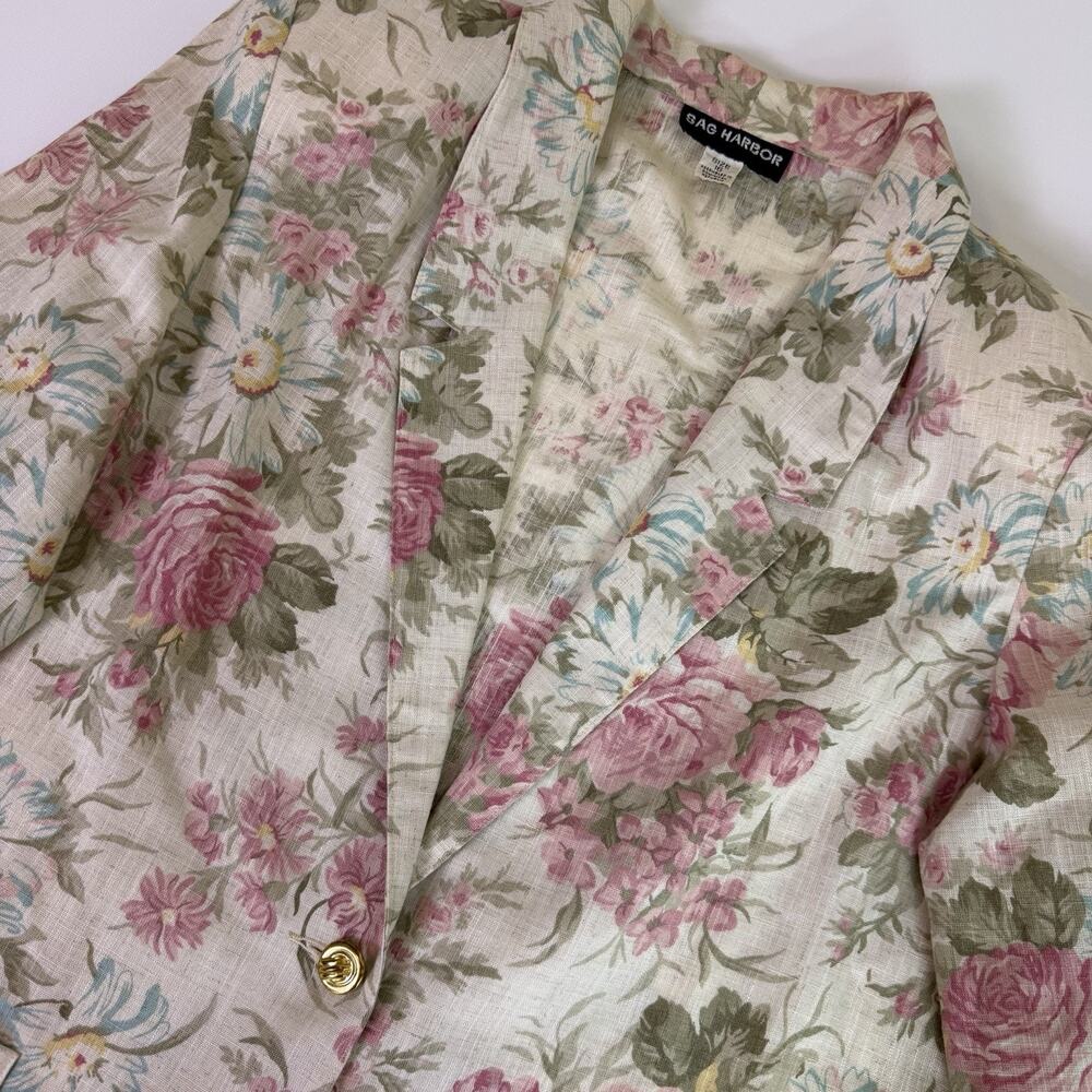 Vintage 90s Linen Floral Blazer Jacket Women's 16 Cottagecore Romantic Grandma